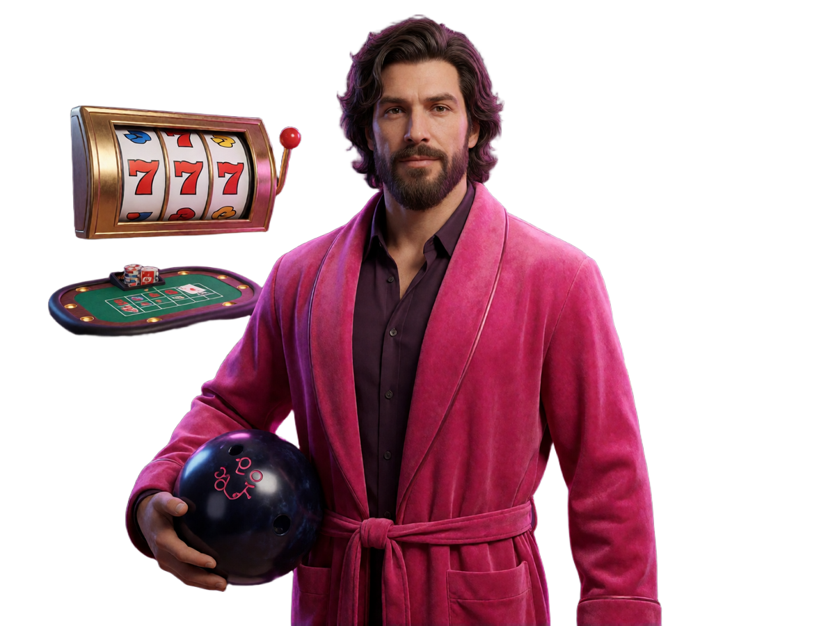 DudeSpin-Maskottchen im pinken Bademantel mit Bowlingkugel, Slot-Reels und Live-Casino-Elementen