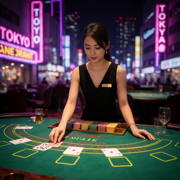 Tokyo Baccarat Live-Tisch mit Dealerin - Live-Casino mit Neon-Atmosph&auml;re bei DudeSpin