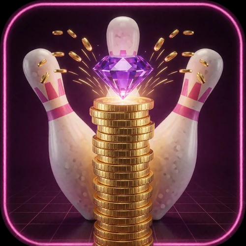 Goldener Jackpot-M&uuml;nzturm zwischen Neon-Bowlingkegeln als DudeSpin Jackpot-Kategorie