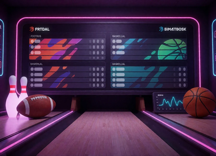Neon-Sportwettenboard f&uuml;r Bundesliga, Champions League und NBA in der DudeSpin Bowling-Lounge
