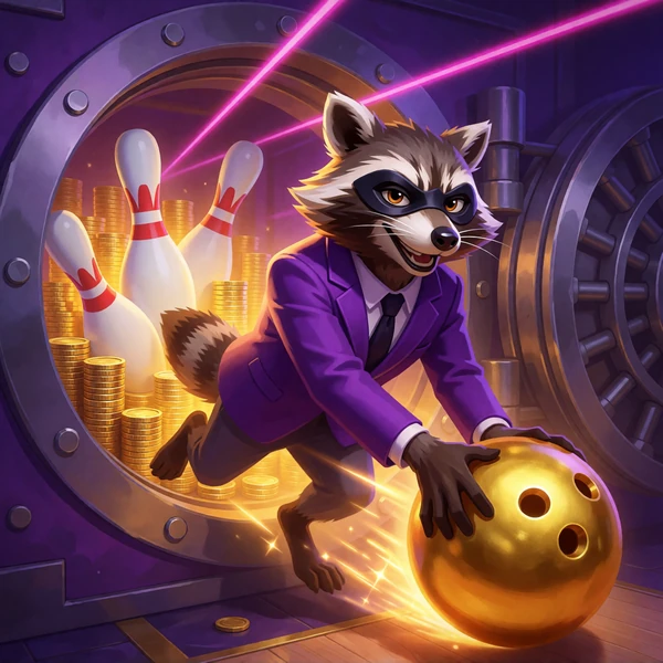 Maskierter Waschb&auml;r-Bandit mit goldener Bowlingkugel vor einem Tresor als Le-Bandit-Cover