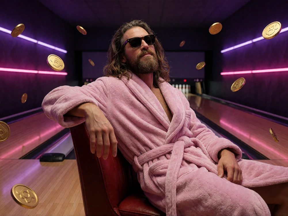 The Dude entspannt im Ledersessel einer Neon-Bowlingbahn - DudeSpin als entspanntes Online Casino in Deutschland