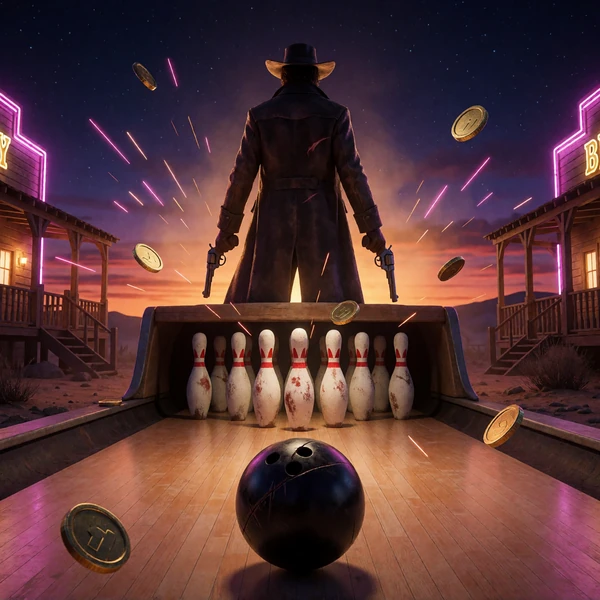 Neon-Western mit Revolverheld und Bowlingkegeln als Cover f&uuml;r Wanted Dead or a Wild