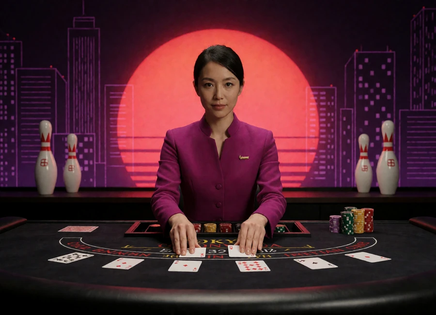 Live-Dealerin am Tokyo-Baccarat-Tisch mit japanischem Neon-Design im DudeSpin Live Casino