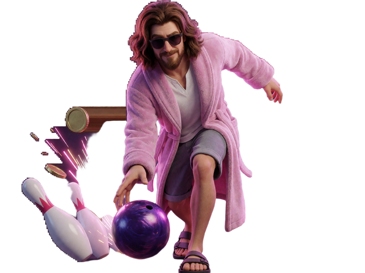 The Dude im pinken Bademantel wirft eine Bowlingkugel - Neon-Kegel und Goldm&uuml;nzen im DudeSpin Online Casino