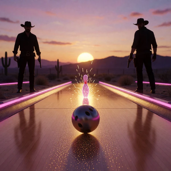 Western-Duell im Morgengrauen auf einer Neon-Bowlingbahn als Cover f&uuml;r Duel at Dawn