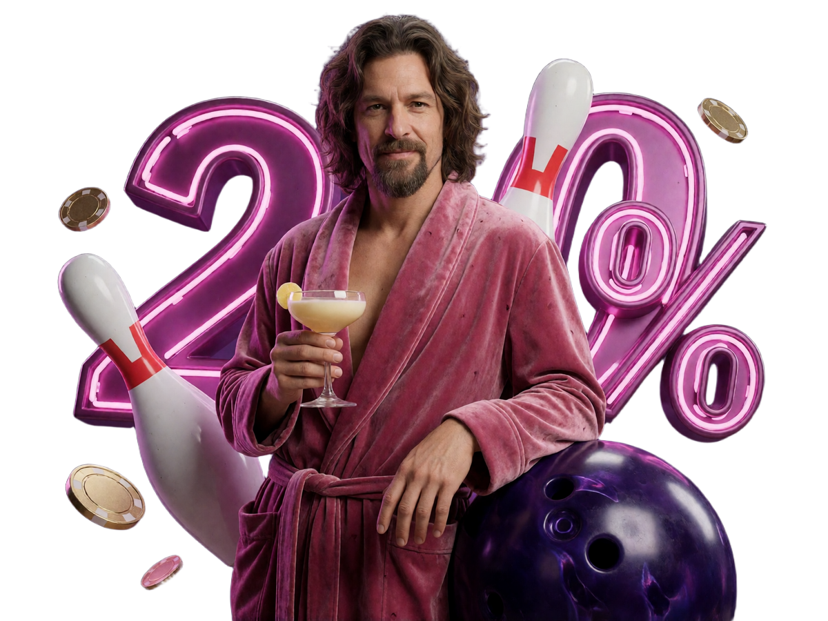The Dude im pinken Samthantel mit Cocktail, Bowlingkugel und Neon-Kegeln zum DudeSpin Casino Bonus