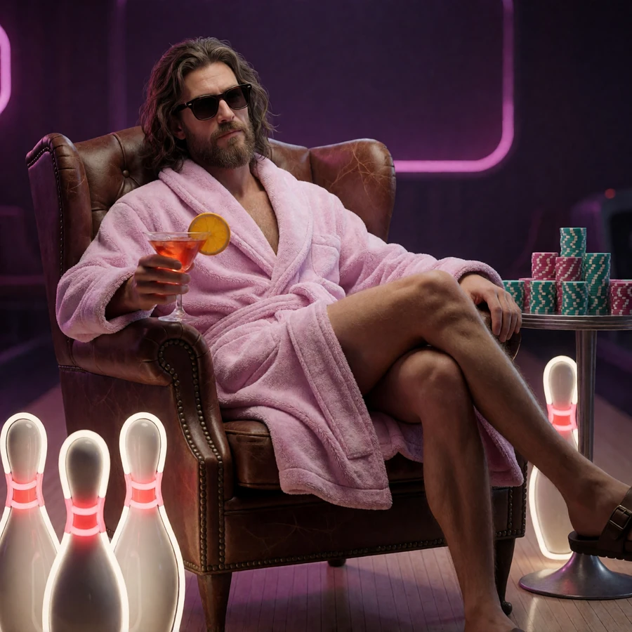 The Dude entspannt im Ledersessel mit Cocktail zwischen Neon-Kegeln und Casino-Chips - Willkommensbonus bei DudeSpin