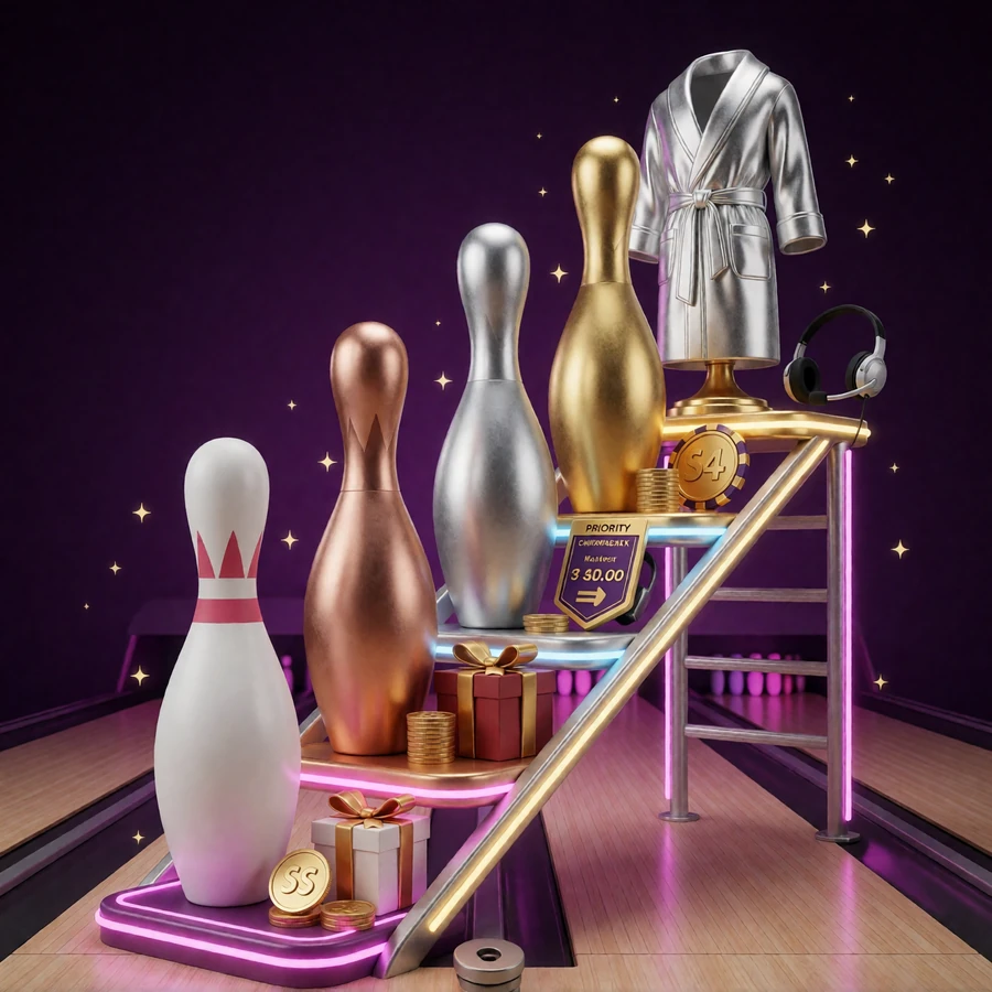 F&uuml;nfstufige Neon-Bowling-Leiter zeigt den Aufstieg im DudeSpin VIP-Programm bis zur Platinum-Stufe